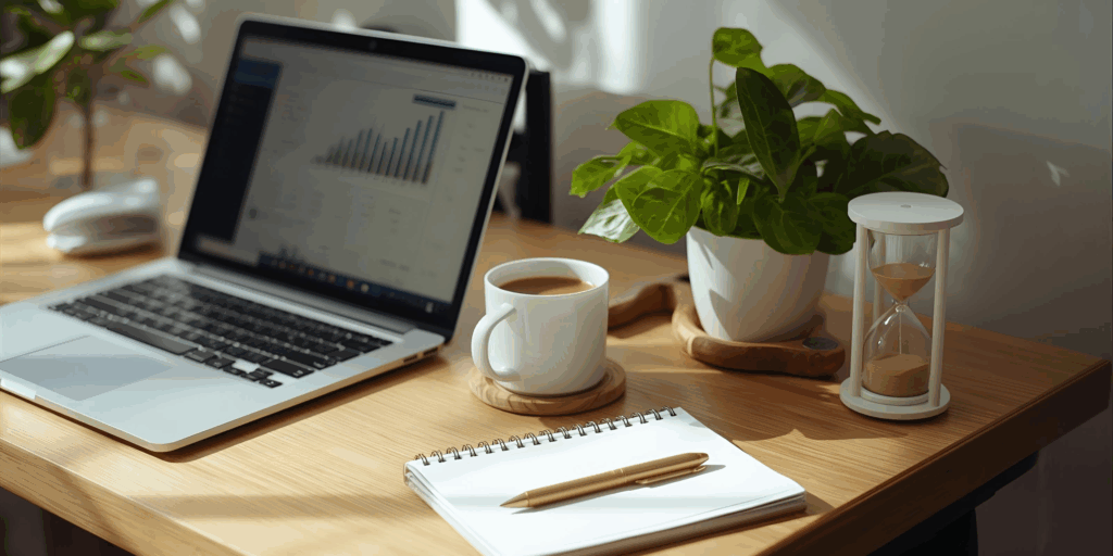 Clean modern desk setup with laptop, financial reports, and coffee cup symbolizing organized business finances