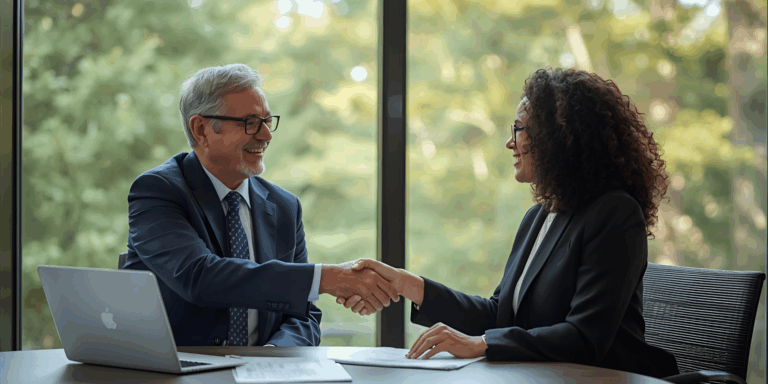 Two professionals shaking hands across a desk, representing trust and partnership in financial services